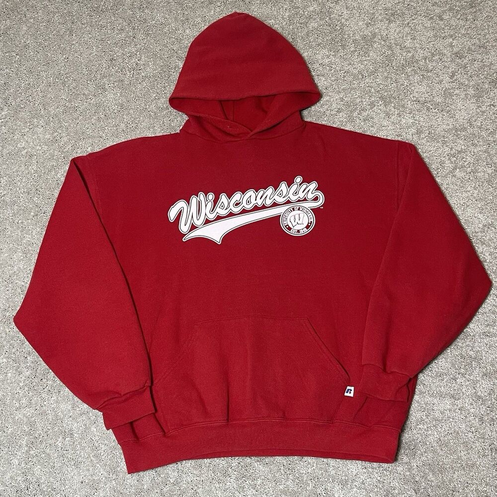 Vintage Russell Athletic Wisconsin Badgers Red Graphic Spellout Hoodie Mens XL